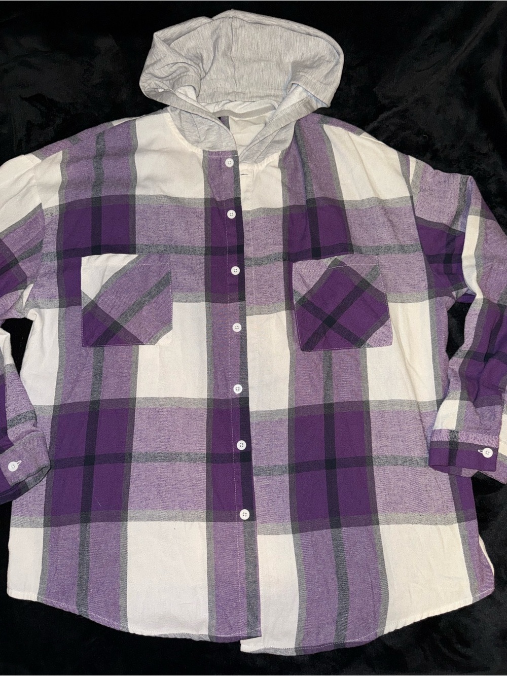 SHEIN Purple and White Plaid Hooded Button-Up Shirt
